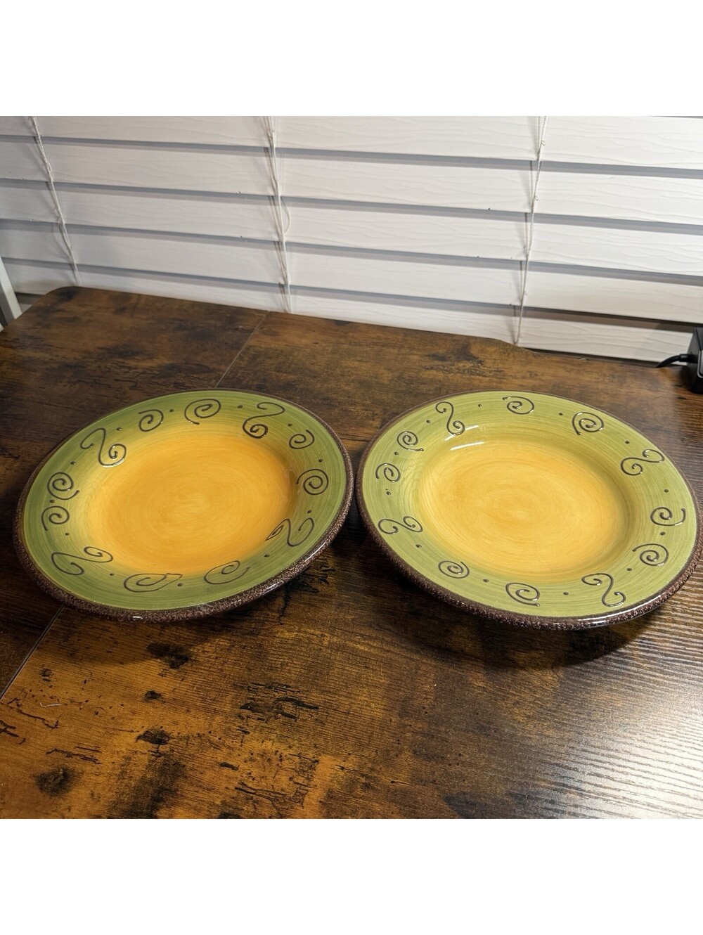 Tabletops Unlimited Ambrosia 11” Green Dinner Plates Set of 2 Raised Scrolls